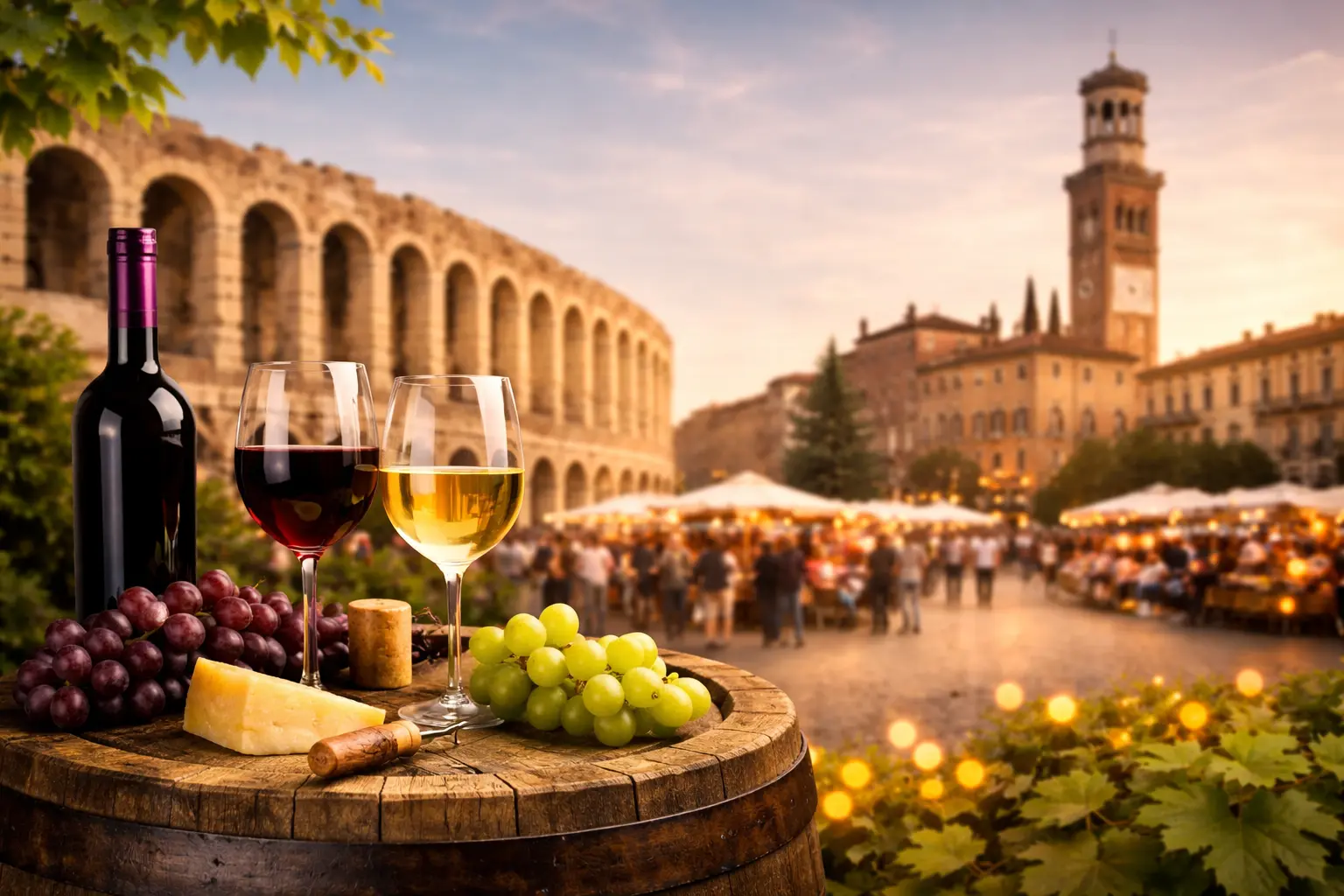 Atmosfera ispirata a Vinitaly a Verona con calici di vino e panorama cittadino